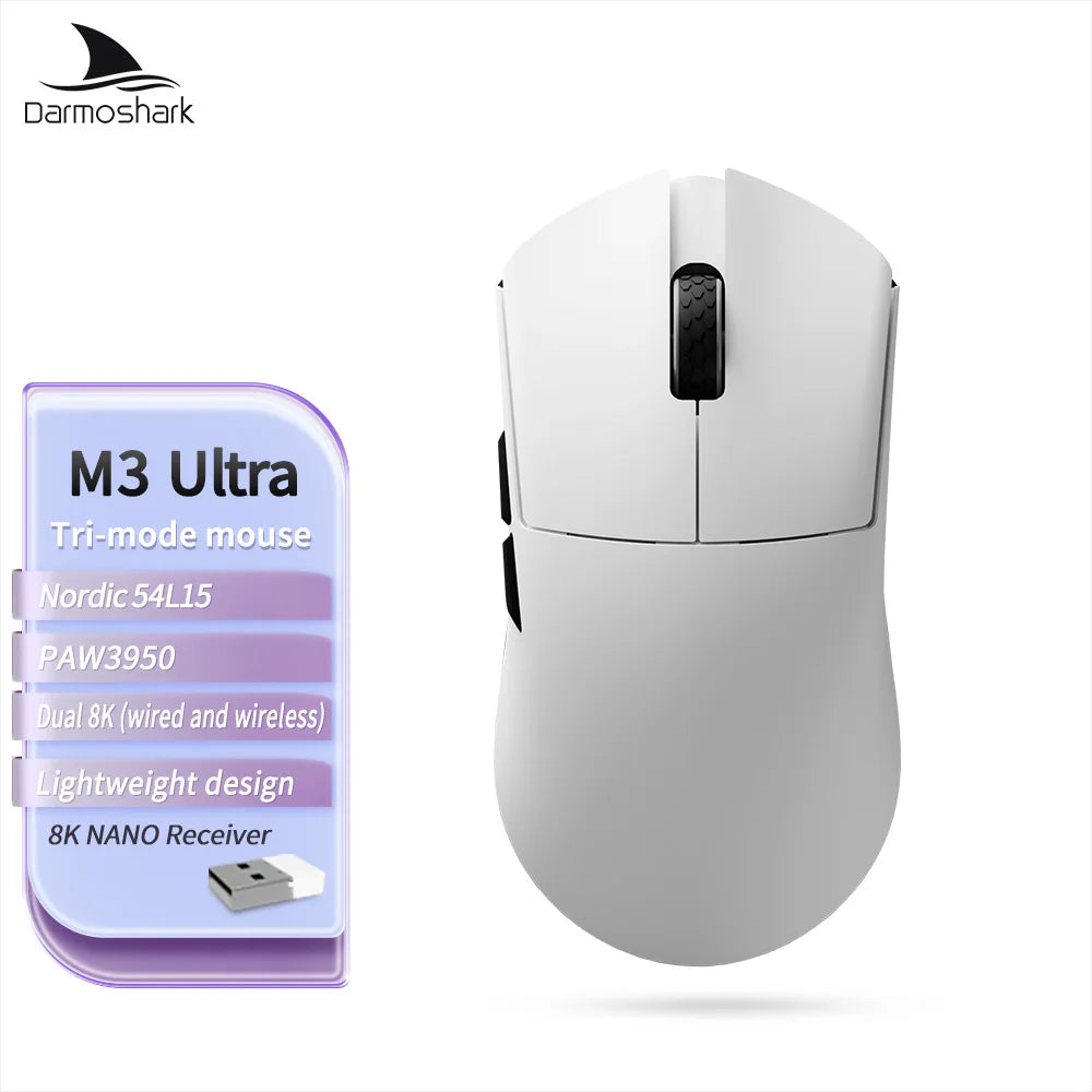 Darmoshark M3 Gaming Mouse Dual Mode 8K Wireless Tri-Mode PAW3395 Big Hand Macro Game Mouse 26000 DPI Lightweight Mice