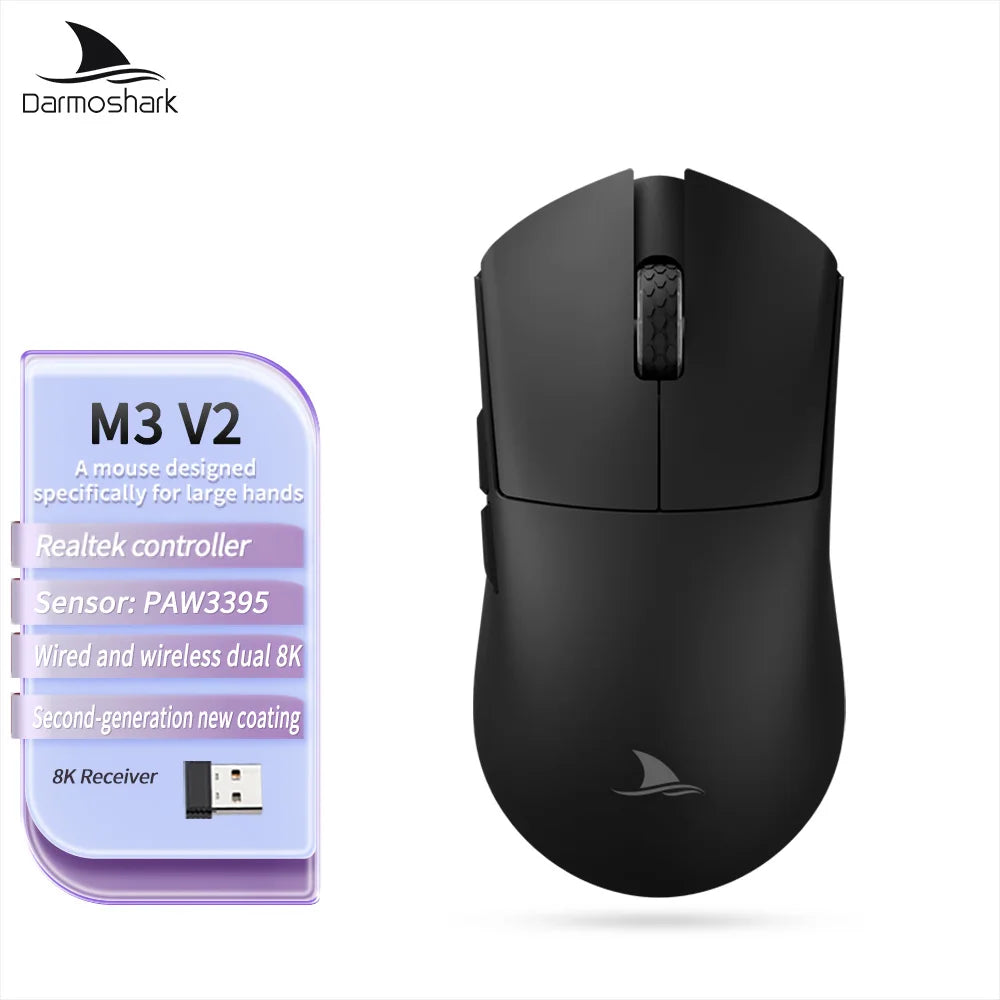 Darmoshark M3 Gaming Mouse Dual Mode 8K Wireless Tri-Mode PAW3395 Big Hand Macro Game Mouse 26000 DPI Lightweight Mice