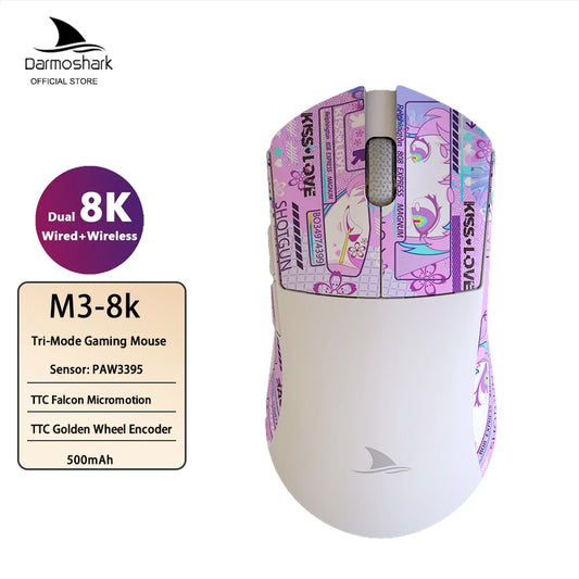 Darmoshark M3 Gaming Mouse Dual Mode 8K Wireless Tri-Mode PAW3395 Big Hand Macro Game Mouse 26000 DPI Lightweight Mice
