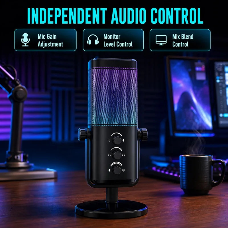 Pro USB Condenser Microphone for PC Gaming Streaming Live Recording K Song Mobile Phone with Volume RGB Lights Touch Mute Button