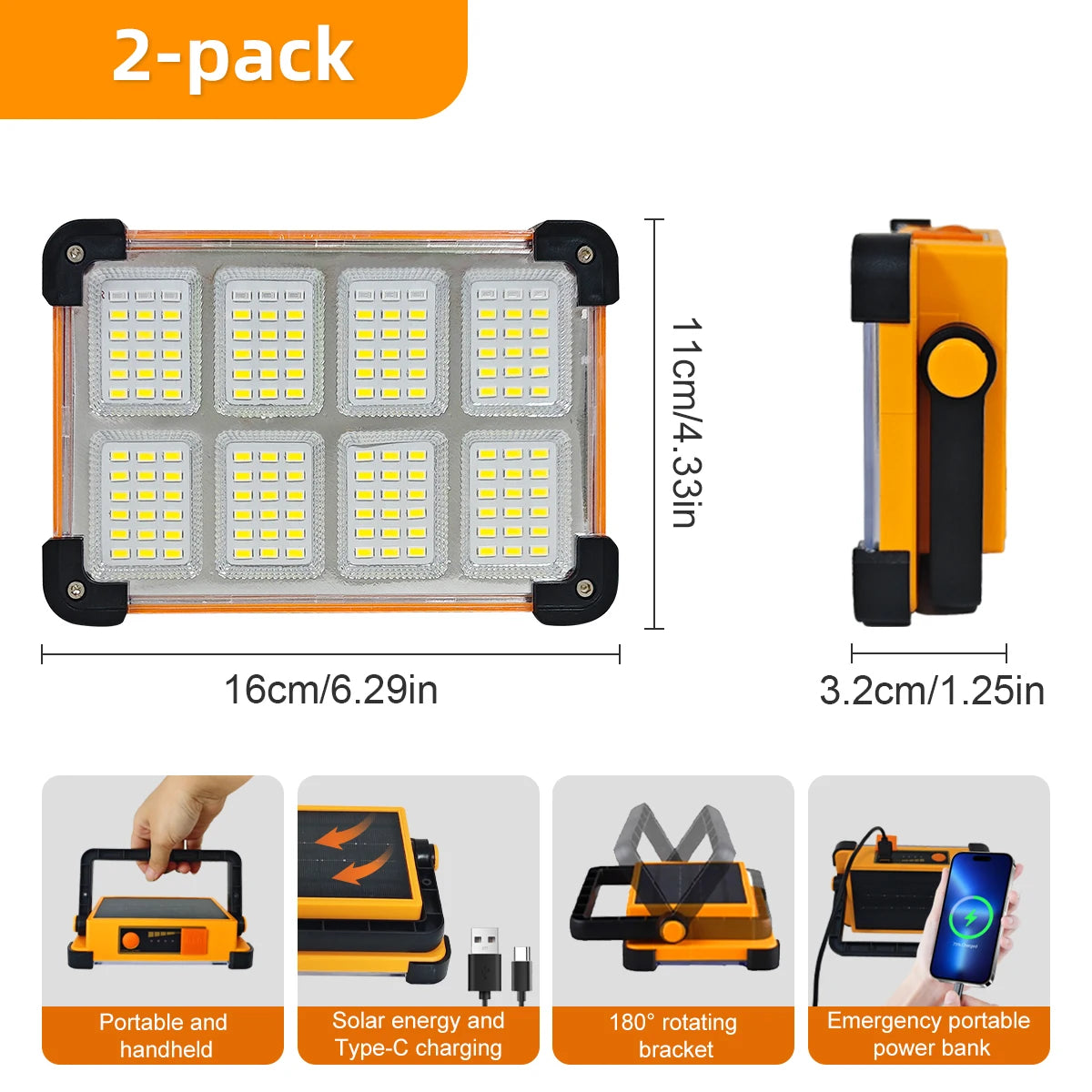 2 Pack/1Pack Rechargeable LED Solar Work Light，Portable Floodlight with 3600mAh Battery, Ideal for Camping, Emergency Power
