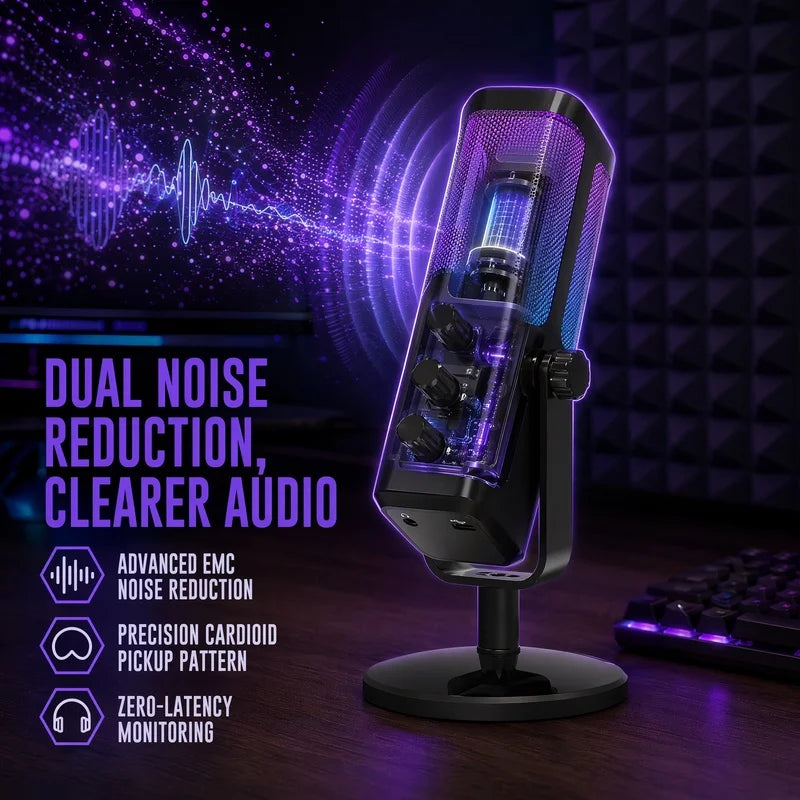 Pro USB Condenser Microphone for PC Gaming Streaming Live Recording K Song Mobile Phone with Volume RGB Lights Touch Mute Button