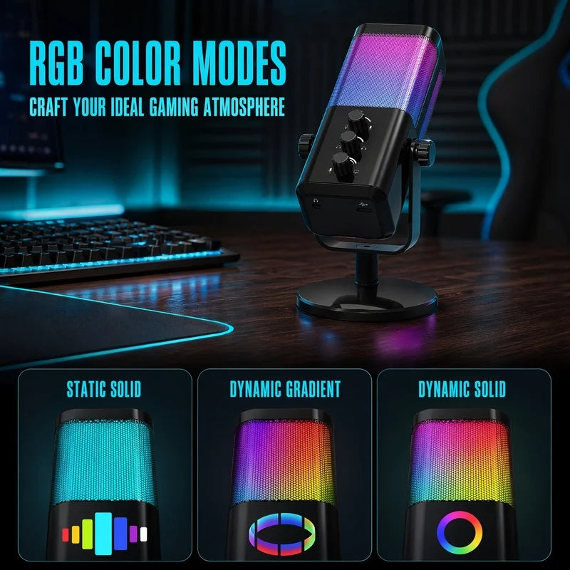 Pro USB Condenser Microphone for PC Gaming Streaming Live Recording K Song Mobile Phone with Volume RGB Lights Touch Mute Button