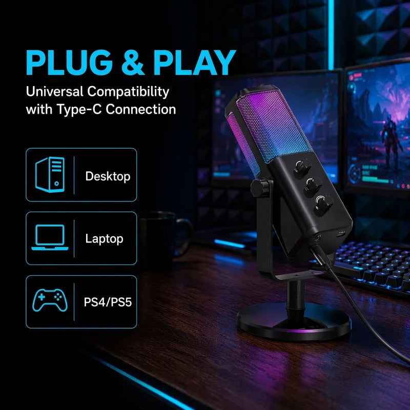Pro USB Condenser Microphone for PC Gaming Streaming Live Recording K Song Mobile Phone with Volume RGB Lights Touch Mute Button