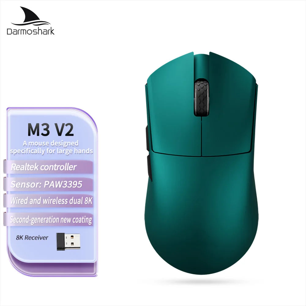 Darmoshark M3 Gaming Mouse Dual Mode 8K Wireless Tri-Mode PAW3395 Big Hand Macro Game Mouse 26000 DPI Lightweight Mice