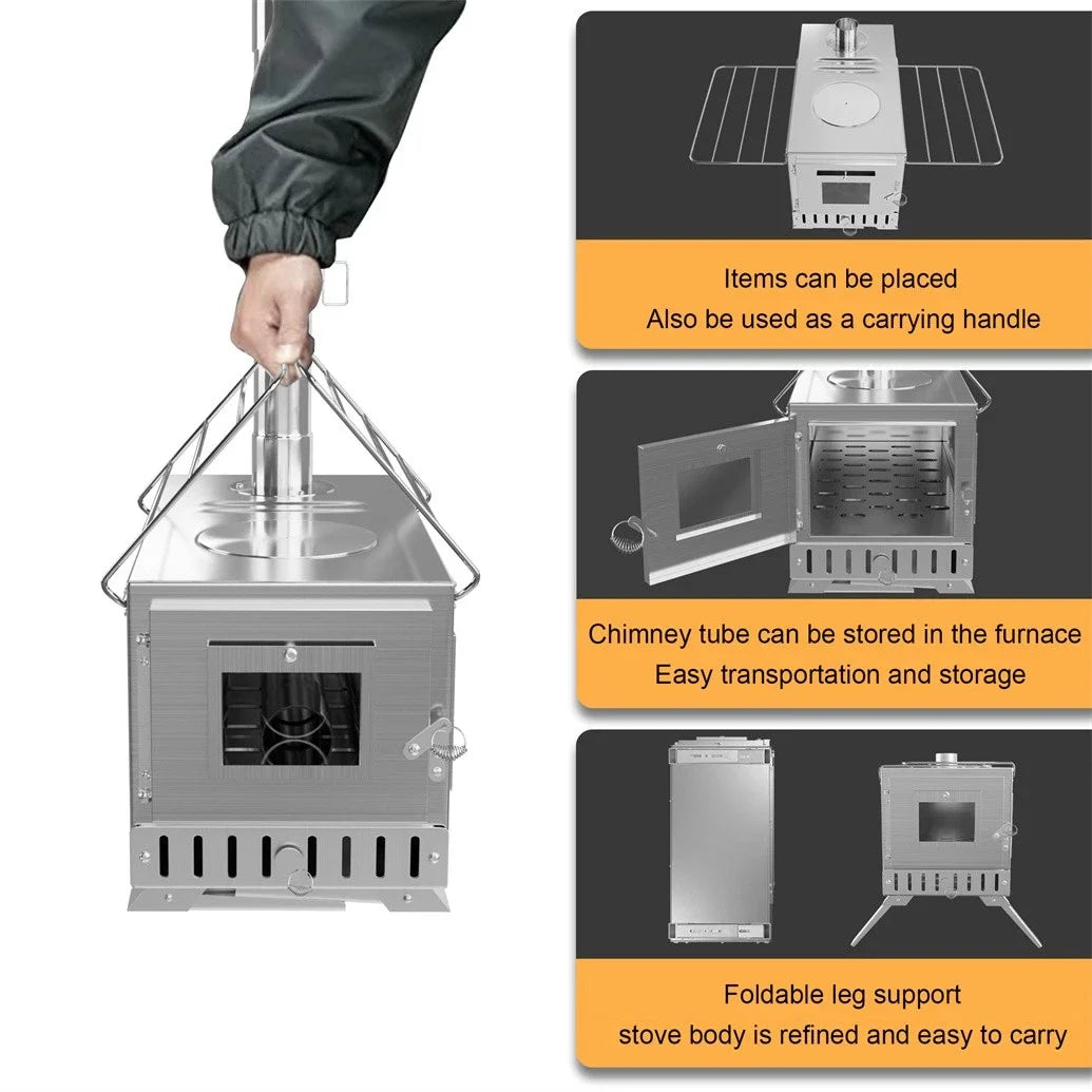 Hot Tent Stove, Unho Wood Burning Stove, Portable Wood Stove with 6 Stainless Chimney Pipes for Outdoor Heating & Cooking